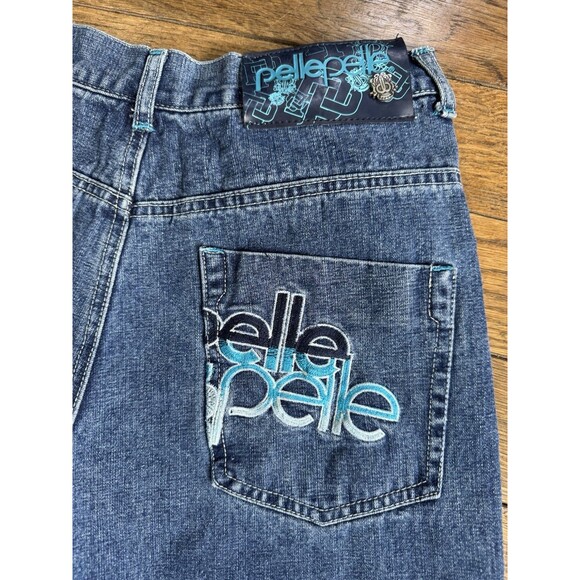 VTG Y2K Pelle Pelle Men’s Jeans Size 18 Blue White Embroidery Skater Hip Hop Str - Picture 4 of 7